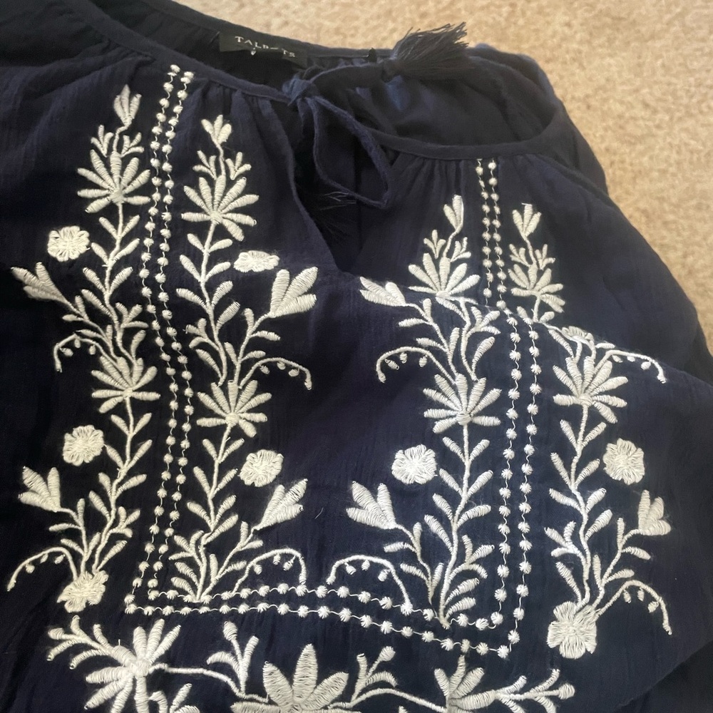 Talbots M Embroidered Gauze A-Line Dress 3/4 Sleeves Indigo/White Cotton Lined - Picture 2 of 8